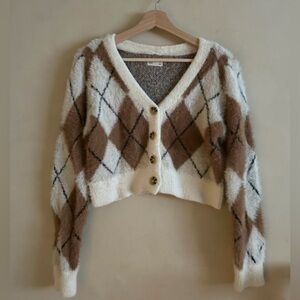 SO Argyle Button-Up Cardigan - Cream and Brown